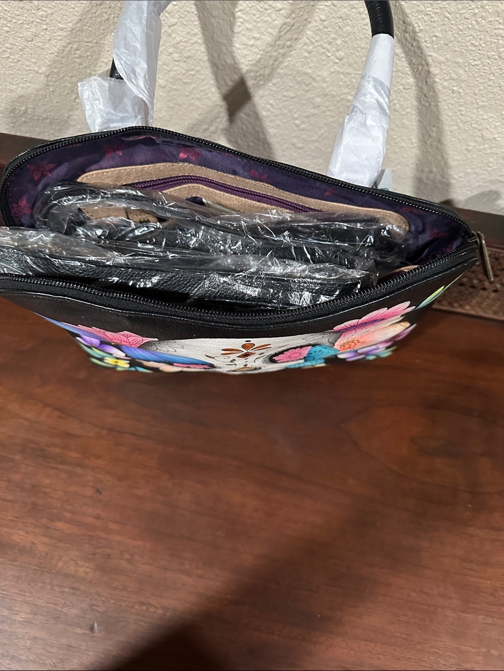 Anuschka Black Hand-Painted Leather Tote with Colorful Butterfly & Floral Design - Picture 6 of 7